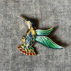Vibrant Hummingbird Brooch - Green, Blue, Gold